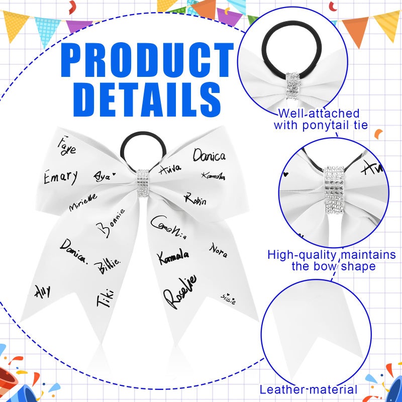 Solsew 12 Pcs Cheer Hair Bows 7 Inch White Ponytail Holder Elastic Band Autograph with 2 Pens Write Name Rhinestone Hair Accessories for Teen Girls College Sports Softball Cheerleader Keepsake Gifts - Image 3